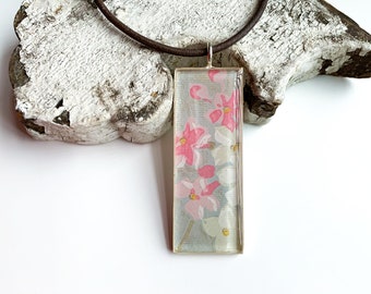 Floral Necklace, Statement Rectangular Pendant Handcrafted with Original 1930s Wallpaper