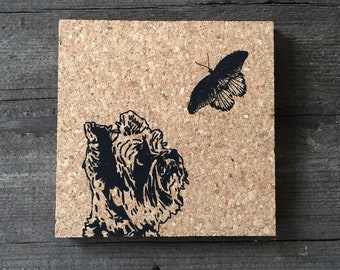 Yorkie and Butterfly Coasters, Hand-Printed on Natural Cork