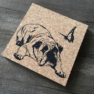 English Bulldog Coasters, Screen Printed by Hand on Natural Cork