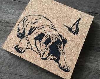 English Bulldog Coasters, Screen Printed by Hand on Natural Cork