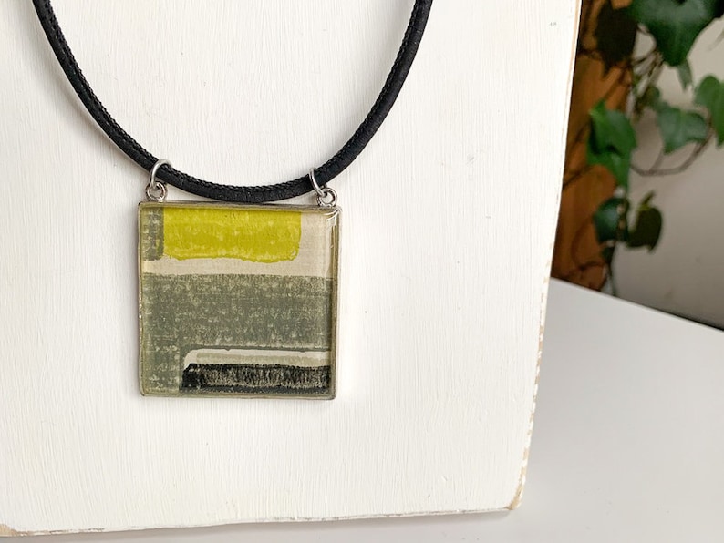Color Block Pendant Necklace made with Original 1950s Danish Wallpaper in a Contemporary Geometric Pattern
