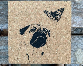 Pug and Butterfly Coasters, Hand-Printed on Natural Cork