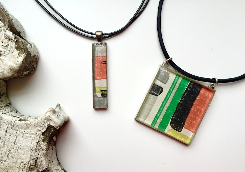 Color Block Pendant Necklace made with Original 1950s Danish Wallpaper in a Contemporary Geometric Pattern