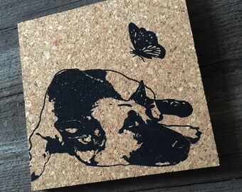 German Shepherd and Butterfly Coasters, Screen Printed by Hand