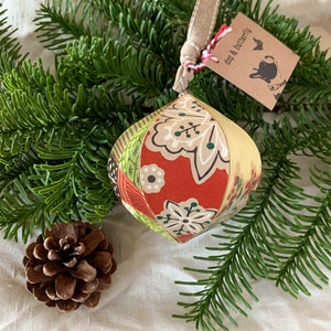 Handcrafted Ornament Decoupaged with Red and Green Original Antique and Vintage Wallpapers image 1