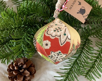 Handcrafted Ornament Decoupaged with Red and Green Original Antique and Vintage Wallpapers