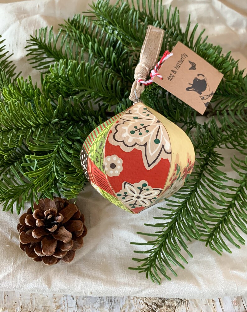 Handcrafted Ornament Decoupaged with Red and Green Original Antique and Vintage Wallpapers image 1