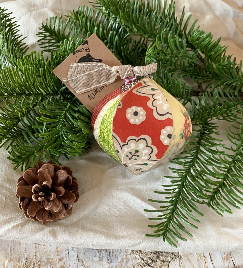 Handcrafted Ornament Decoupaged with Red and Green Original Antique and Vintage Wallpapers image 2