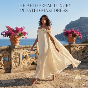 Peut inclure: Une robe longue crème à épaules dénudées avec une jupe plissée et un décolleté orné de roses en tissu. Le texte THE AETHEREAL LUXURY PLEATED MAXI DRESS est affiché en haut. Le vêtement présente une silhouette fluide et des manches longues.