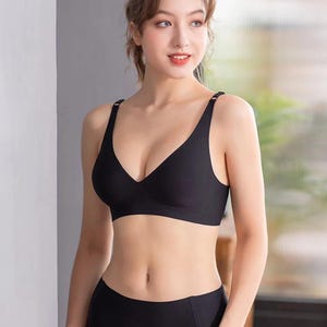 May include: Black bra and matching underwear set. The bra features a V-neck design with adjustable straps. The underwear is a high-waisted style. The image is a model display.