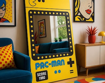 Pac-Man-inspirerad arkadspegel | Handgjord spelväggspegel | Retro spelrumsdekor | Akrylspegel | Man Cave-present | Anpassade storlekar