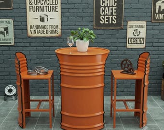 Handmade Upcycled Oil Barrel Bistro Table Set | Industrial Cafe Furniture | Reclaimed Metal Barrel Table & Stools | Rustic Coffee Shop Decor