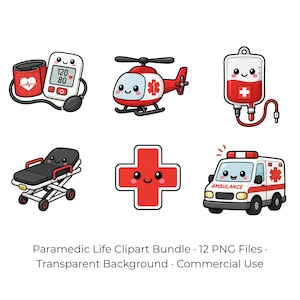 Op de afbeelding: Een verzameling medische illustraties in cartoonstijl op een witte achtergrond. De afbeeldingen omvatten een bloeddrukmeter, een rood-witte helikopter, een bloedzak, een brancard, een rood kruis en een ambulance. Tekst: Paramedic Life Clipart Bundle.