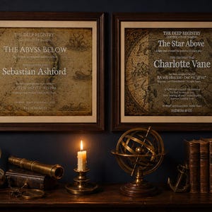 May include: Two framed certificates with nautical maps and text, "The Abyss Below" and "The Star Above." A lit candle, a brass armillary sphere, and antique books sit on a wooden surface. A telescope and compass are also visible.