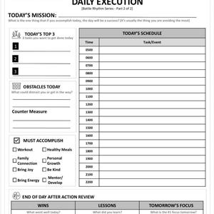 May include: A white and gray daily execution planner with sections for tasks, schedule, and review. Includes prompts for mission, top 3 tasks, obstacles, and end-of-day reflection. Features checkboxes for must-accomplish goals.