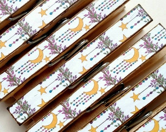 NEW Moon Stars and Beads Clothespins  print decor clothespins set of 10 decoupage