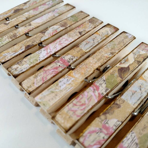 Romantic Shabby Chic Rose Decoupage Clothespins - set of 10