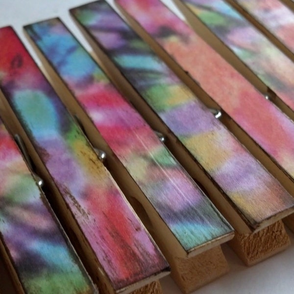 Tie dyed decoupage clothespins decorative rainbow theme set of 10