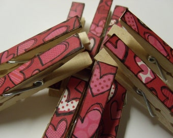 Valentines Day hearts decoupage clothespins - set of 10