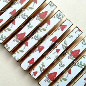 NEW Red Forest Mushroom Clothespins  print decor clothespins set of 10 decoupage