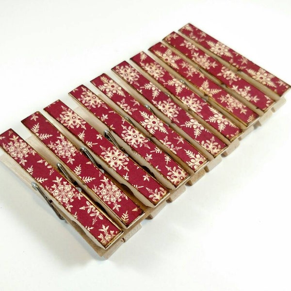 snowflakes decoupage theme clothespins set of 10 Red and white holiday