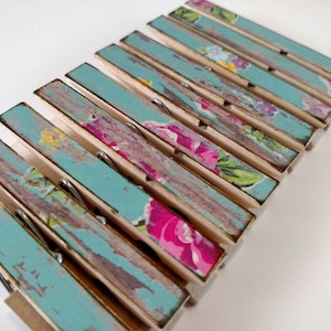 Aqua blue shabby floral and weathered wood look Clothes pins set of 10 -  paper chip clip