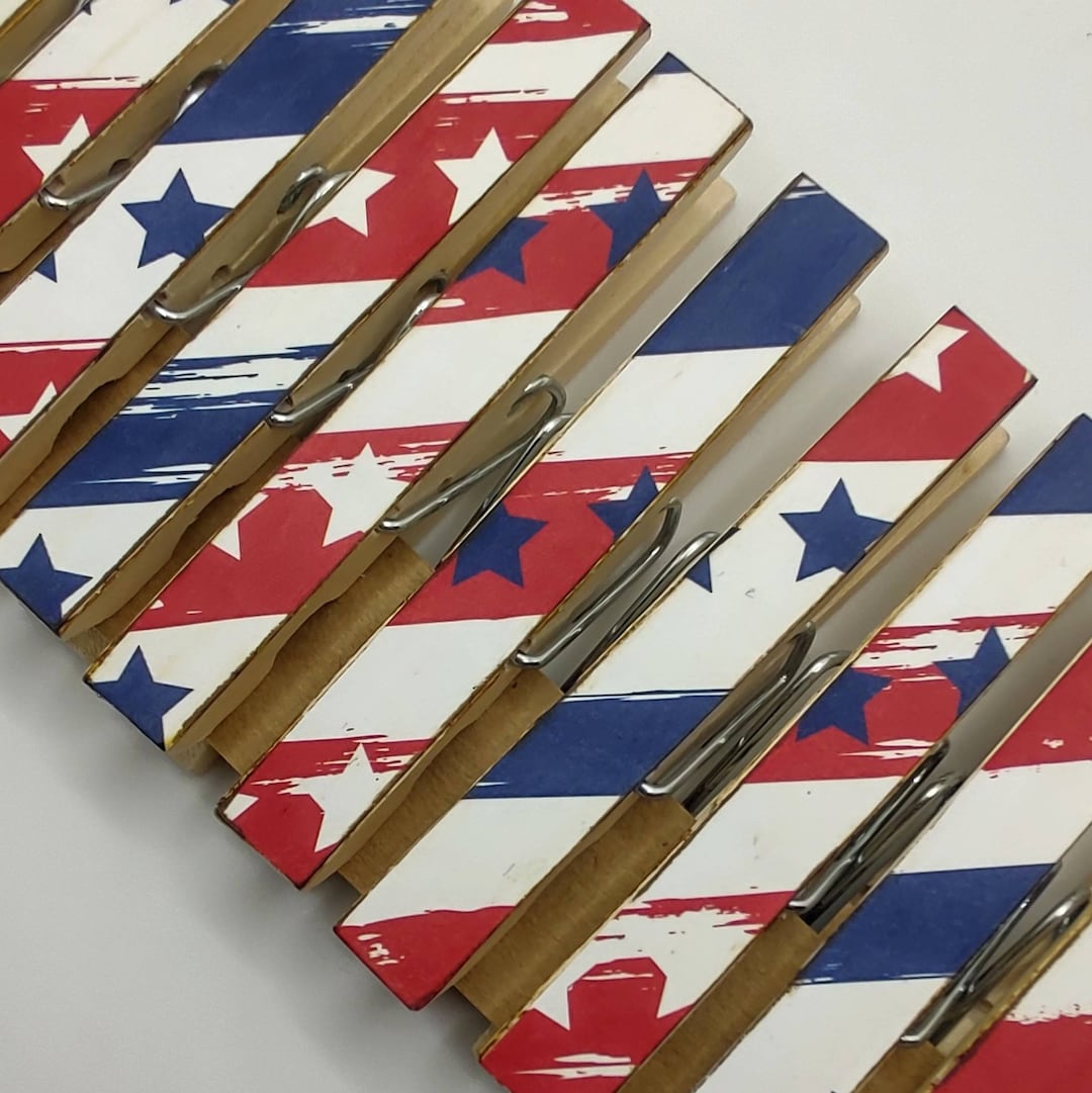 Red White & Blue Theme Decoupage Clothespins Set of 10 Stars Etsy