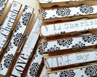 Bridal clothespins wedding theme decoupage clothespins set of 10 -black and white just married wedding decor