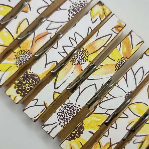 NEW  Summer Sunflower Clothespins  print decor clothespins set of 10 decoupage