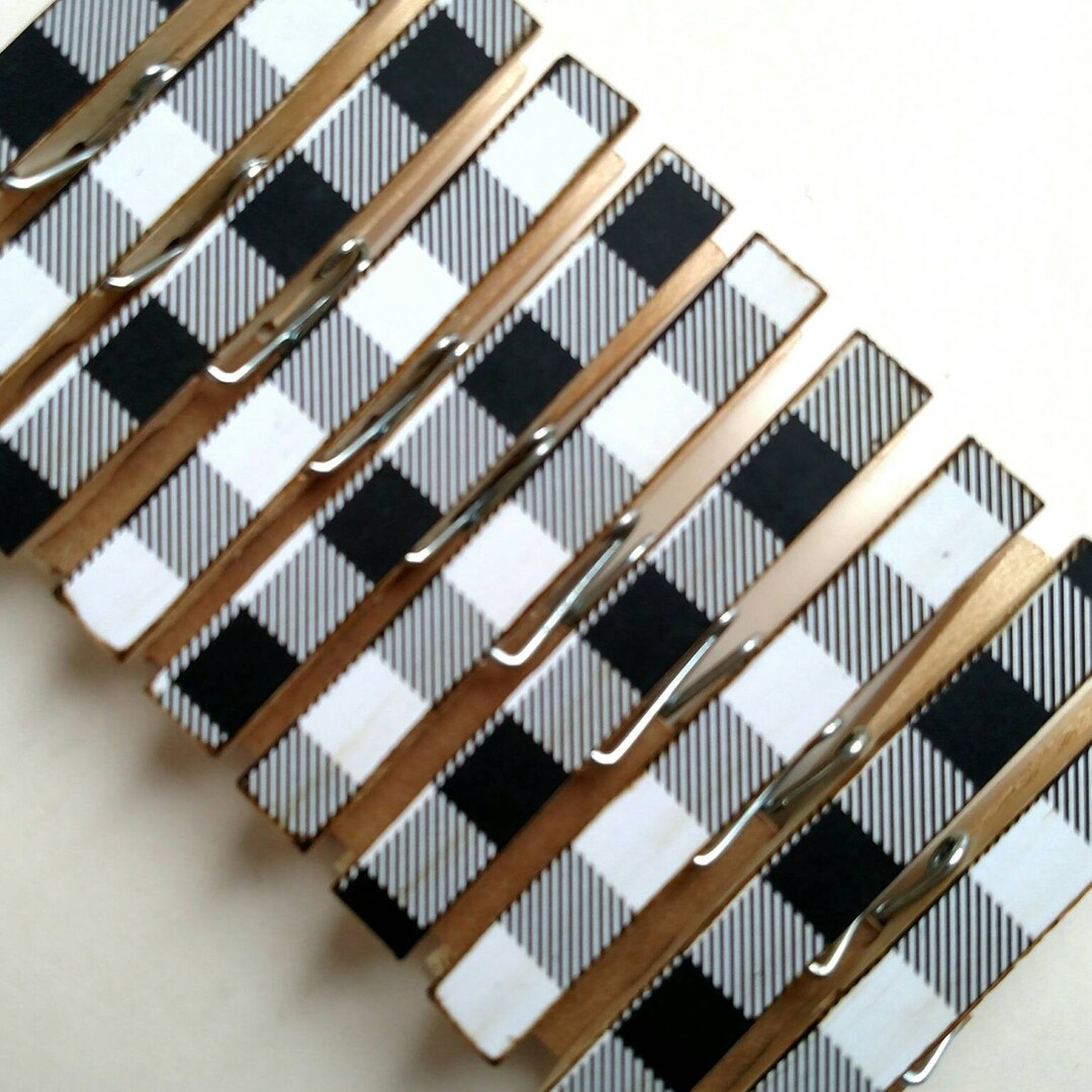 Decoupage Clothespins Black & White Buffalo Plaid Check Theme Set of 10