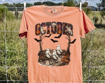 October Halloween Shirt, Vintage Ghost T-Shirt, Spooky Season Tee, Ghost Bicycle Graphic Shirt, Pumpkin Halloween Comfort Colors Tee
