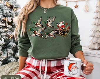 Duck Hunting Christmas Sweatshirt, Santa Duck Sleigh Gildan Tee, Funny Mallard Holiday Sweater, Retro Outdoor Christmas Sweatshirt For Him