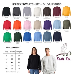 May include: A Gildan 18000 unisex sweatshirt color chart displaying twenty-one solid color options including black, white, red, and blue. A size chart lists widths and lengths in inches from S to 2XL. An owl logo and the text Essh Co. are visible.
