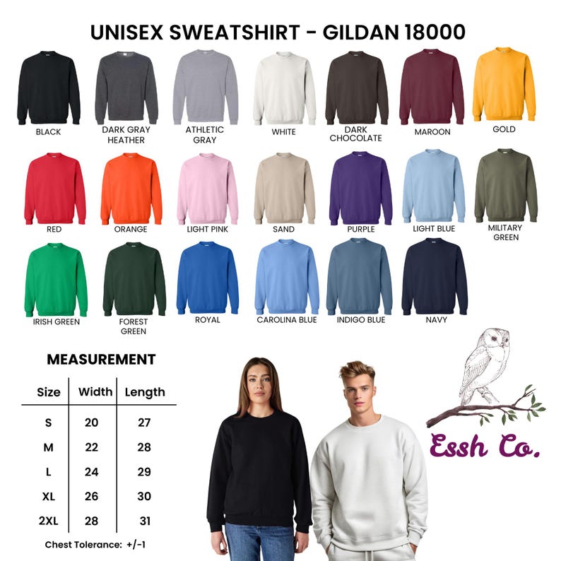 May include: A Gildan 18000 unisex sweatshirt color chart displaying twenty-one solid color options including black, white, red, and blue. A size chart lists widths and lengths in inches from S to 2XL. An owl logo and the text Essh Co. are visible.