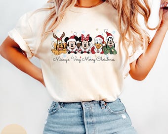 Vintage Disney Very Merry Christmas Comfort Colors Shirt, Mickey And Friends Christmas Shirts, WDW Disneyland Family Matching Outfit