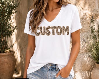 Custom Leopard Print V Neck Shirt, Personalized Name Tee, Custom Text T-Shirt, Animal Print Shirt, Personalized Gift for Her