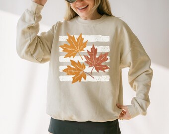 Fall Leaves Striped Gildan® Shirt, Cozy Autumn Shirts for Women, Fall Shirt, Fall Preppy Stripe Shirt, Fall Boho Sweatshirt