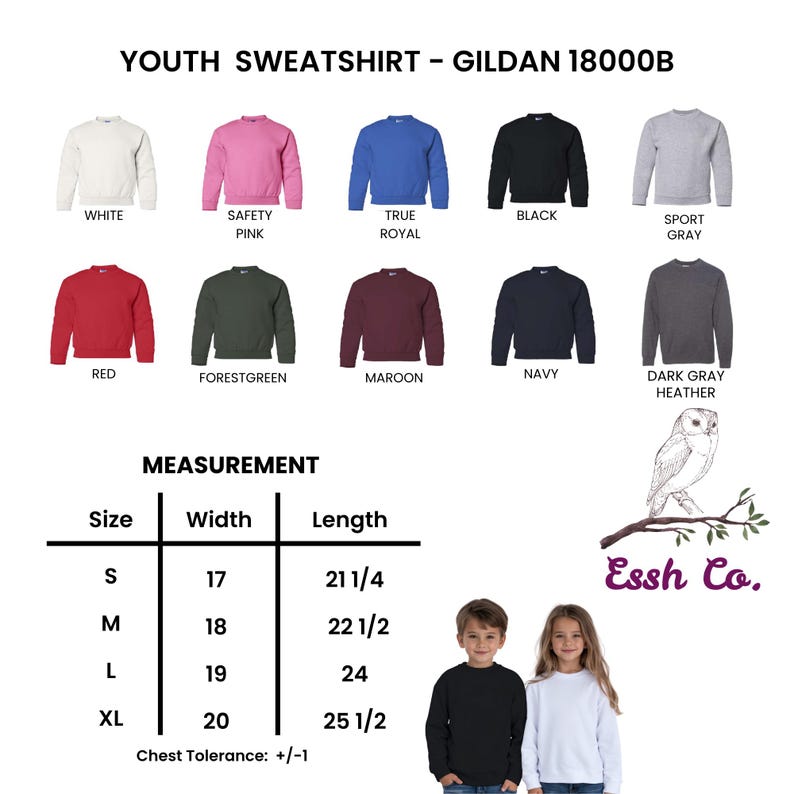 May include: A Gildan 18000B youth sweatshirt color chart featuring ten options: white, safety pink, true royal, black, sport gray, red, forest green, maroon, navy, and dark gray heather. Includes a size chart with width and length in inches.
