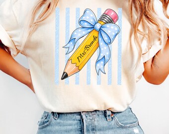 Comfort Colors® Custom Teacher Name Pencil T-Shirt, Coquette Bow Teacher Tee, Personalized Gift