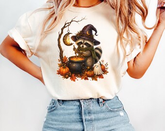 Halloween Raccoon Shirt, Witch Raccoon T-Shirt, Spooky Cauldron Tee, Vintage Halloween Shirt, Cute Witchy Raccoon Graphic Tee