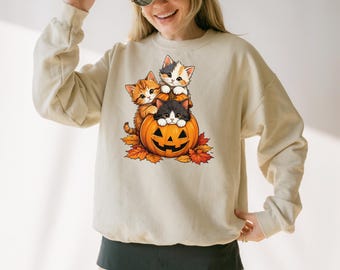 Halloween Cat Sweatshirt, Cute Pumpkin Cat Shirt, Black Cat Halloween Crewneck, Spooky Season Sweatshirt, Cat Lover Halloween Gift