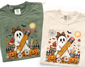 Halloween Teacher Shirt, Spooky Ghost Pencil Tee, Back to School Fall T-Shirt, Pumpkin Teacher Shirt, Cute Teacher Halloween Gift