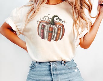 Bookish Pumpkin Shirt, Fall Book Lover T-Shirt, Autumn Reading Tee, Cozy Reader Shirt, Pumpkin Books Graphic Tee, Librarian Gift