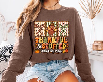 Thankful and Stuffed Shirt, Thanksgiving Turkey Tee, Retro Fall T-Shirt, Coquette Bow Thanksgiving Shirt, Turkey Day Graphic Tee