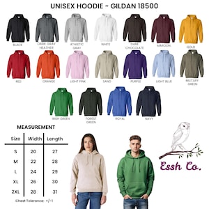 May include: A collection of Gildan 18500 unisex hoodies in twenty colors including black, gray, white, red, and blue. A size chart displays width and length in inches for sizes S to 2XL. Two individuals wear hoodies, and an owl illustration sits above the text Essh Co.