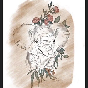 May include: A detailed illustration of a baby elephant with large ears, adorned with a floral crown of red roses and green leaves. The elephant is holding a branch with flowers. The background is a soft, neutral brown.