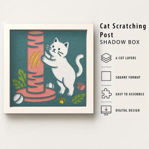 Arbre à chat encadré (format SVG), chaton joueur découpé en papier à plusieurs couches, fichier de découpe laser à 6 couches