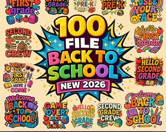 Paquete de 100 imágenes PNG para la vuelta al cole 2026, diseño de camiseta para el primer día de clase, sublimación para profesores y alumnos, paquete de imágenes PNG escolares bonitas, descarga digital.