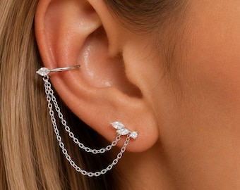Pendientes de oreja de doble cadena, pendientes de cartílago de oro o plata, pendientes de botón de cadena delicados