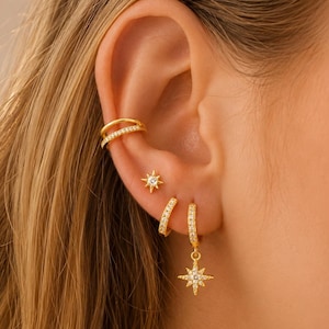 Star Charm Huggie Hoop Earrings Set, CZ Hoop Earrings with Sun Star Drop & Stud, Minimal Ear Stack Jewelry, Gold and Silver